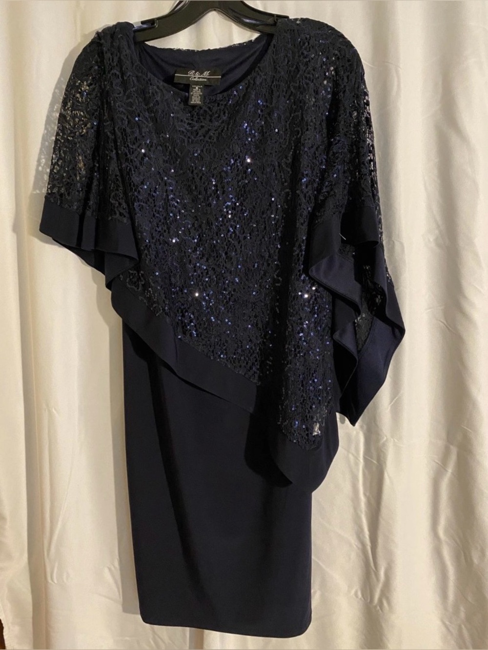 R&M Richards Navy Sequin Lace Overlay Sheath Dress Size 8